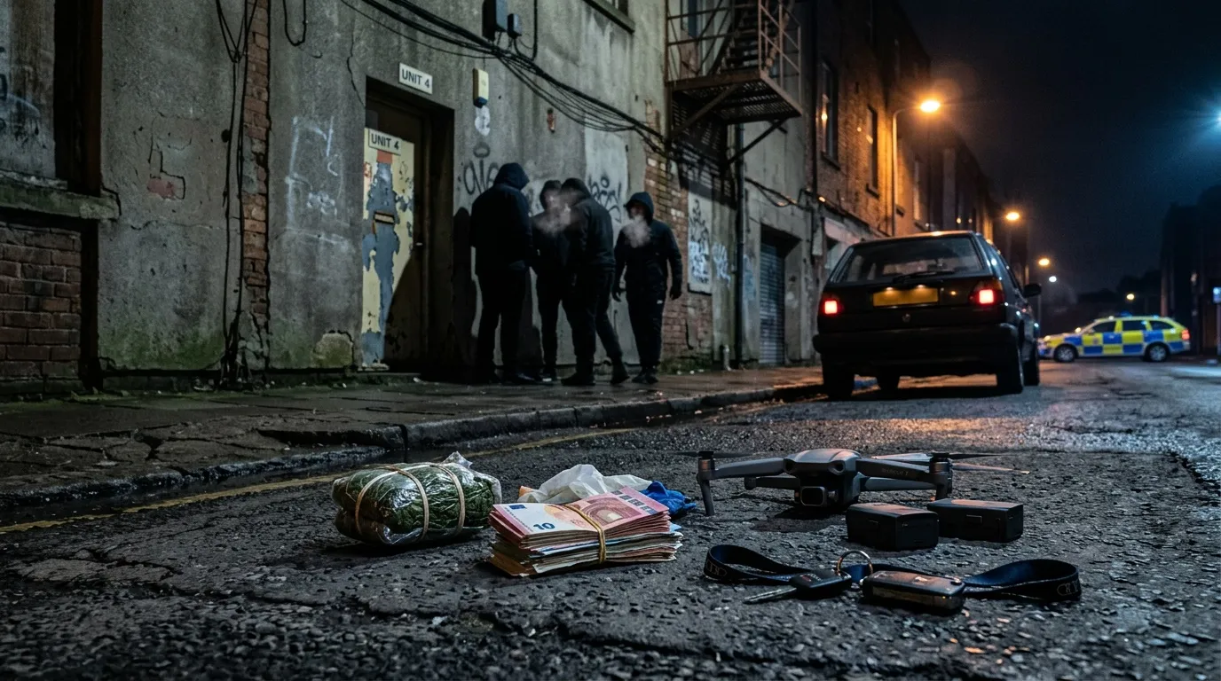 Policiers intervenant dans une ruelle avec saisies d'objets au sol