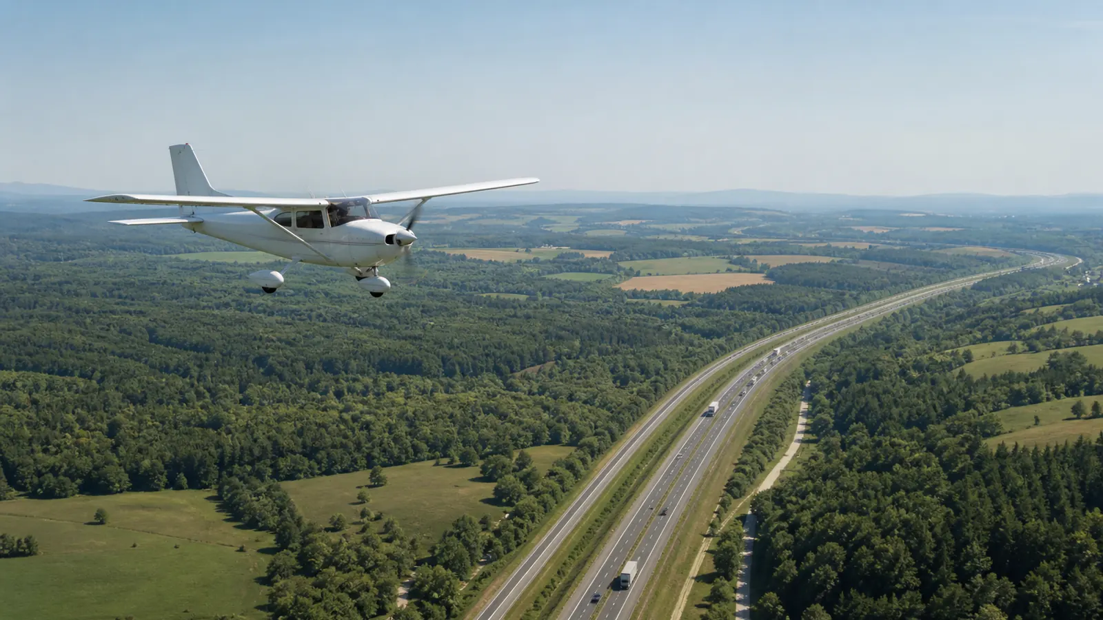 Un Cessna de la Police aux frontières survole la RN70 près de Montceau-les-Mines pour signaler les distances trop courtes