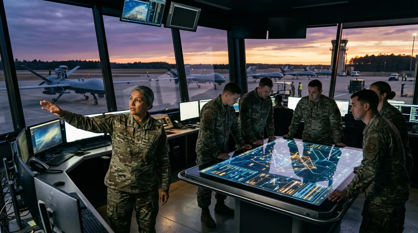 Officiers militaires analysent mission tactique &eacute;cran interactif