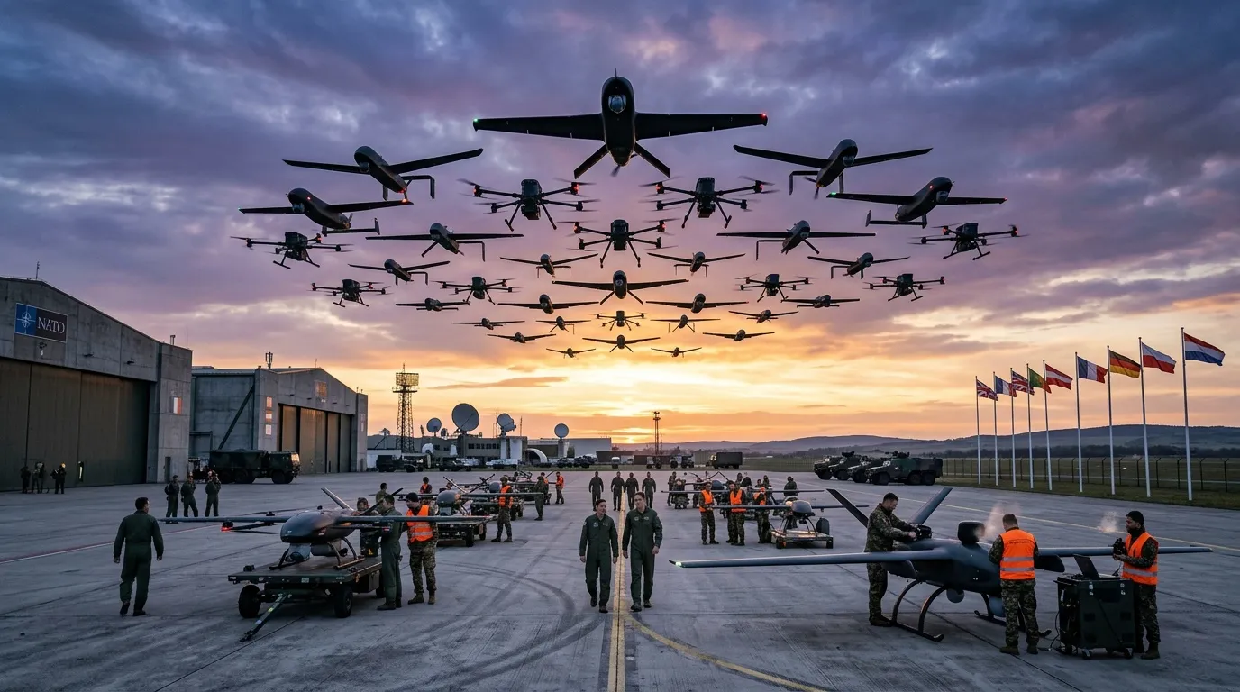 Formation d'avions militaires au-dessus d'une base NATO au coucher soleil