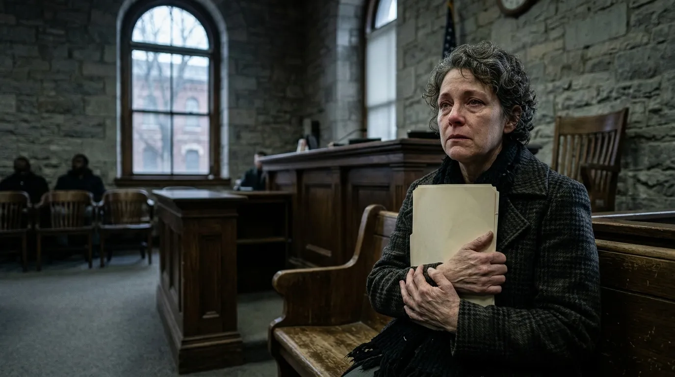 Femme tenant un dossier dans une salle d'audience vide