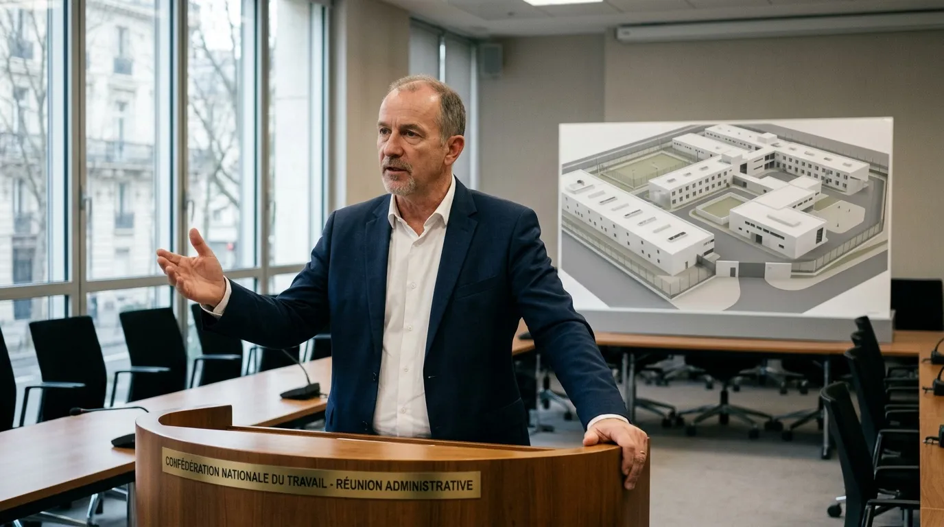 Homme pr&eacute;sente projet architectural devant assembl&eacute;e professionnelle