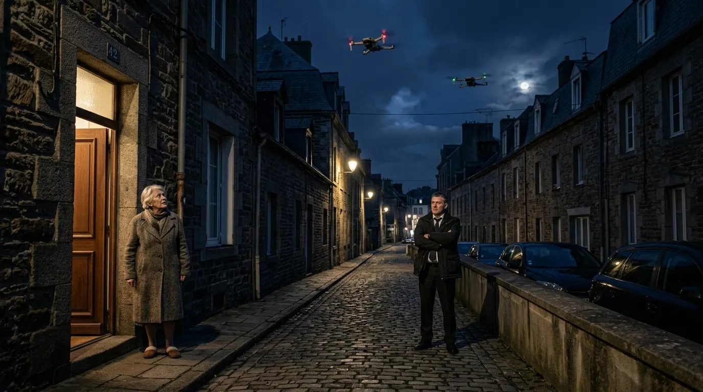 Deux personnes observent des drones survolant une rue pav&eacute;e la nuit